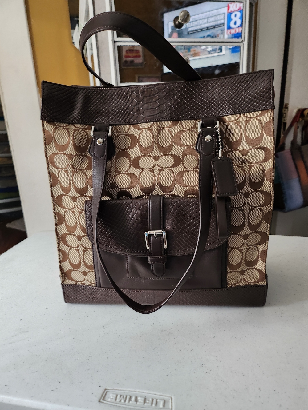 Coach Beige & Brown Signature Canvas Messenger Bag with Leather Trim